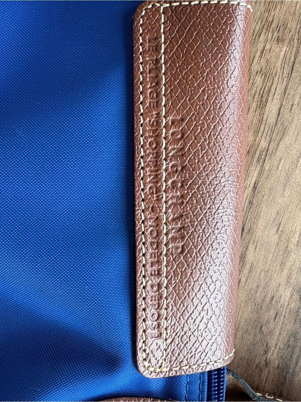 Longchamp Le Pliage Blue Nylon Tote with Brown Leather Trim
